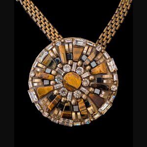 Ranjana Khan Antiqued Gold Tone Tigers Eye Clear Crystal Statement Necklace 20.5